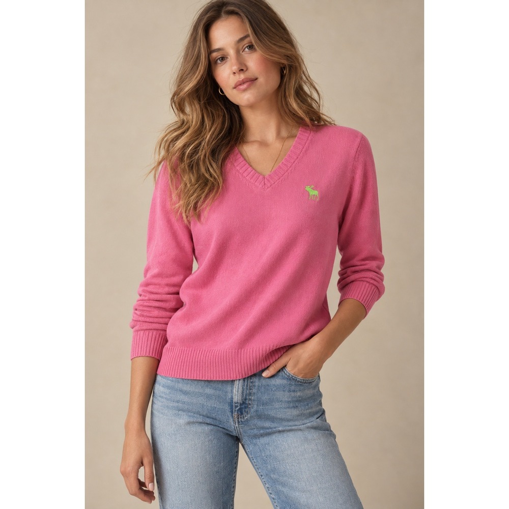 Abercrombie & Fitch Pink V-Neck Muscle Fit Sweater Lime Green Moose Logo Large